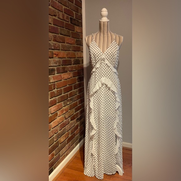 Stunning Details White Black Swiss Dot Maxi Dress Ruffles Panels Crochet S M L - Picture 2 of 16